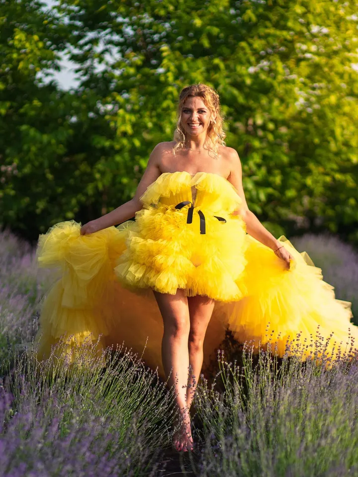 Ready To Ship Yellow Tulle Dress For Photoshoot, High Low Dress, Ruffle Tiered Dress, Adjustable Dress, Last Minute Gift, Evening Dress