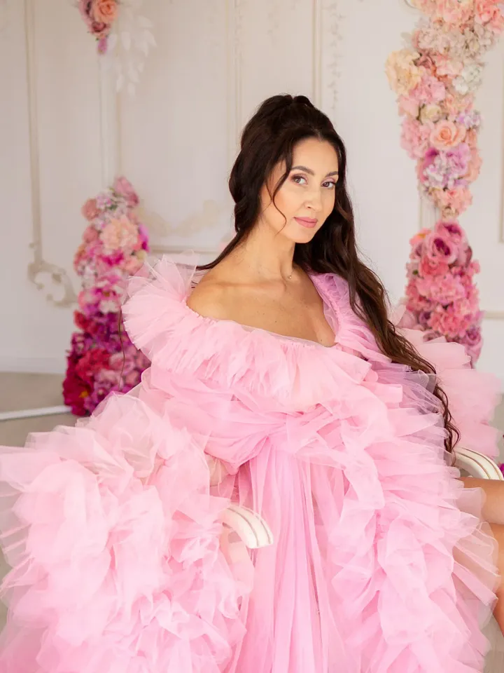 Pink Maternity Robe, Frilled Maternity Gown, Pink Tulle Robe, Maternity Photoshoot Robe, Boudoir Tulle Dress, Sheer Ruffle Gown Robe