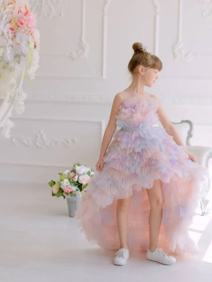 Rainbow Flower Girl Dress, Unicorn High Low Dress, Girl Birthday Dress, Princess Dress, Tiered Dress, Girl Tulle Dress, Formal Dress