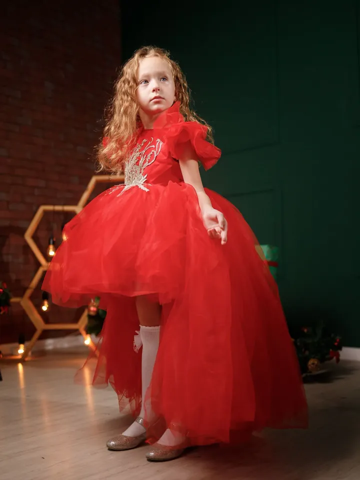 Girl Christmas Dress, Red Pageant Dress, Toddler Holiday Dress, Formal Gown, High Low Dress, Xmas Photoshoot, Puffy Girl Dress, Size 5