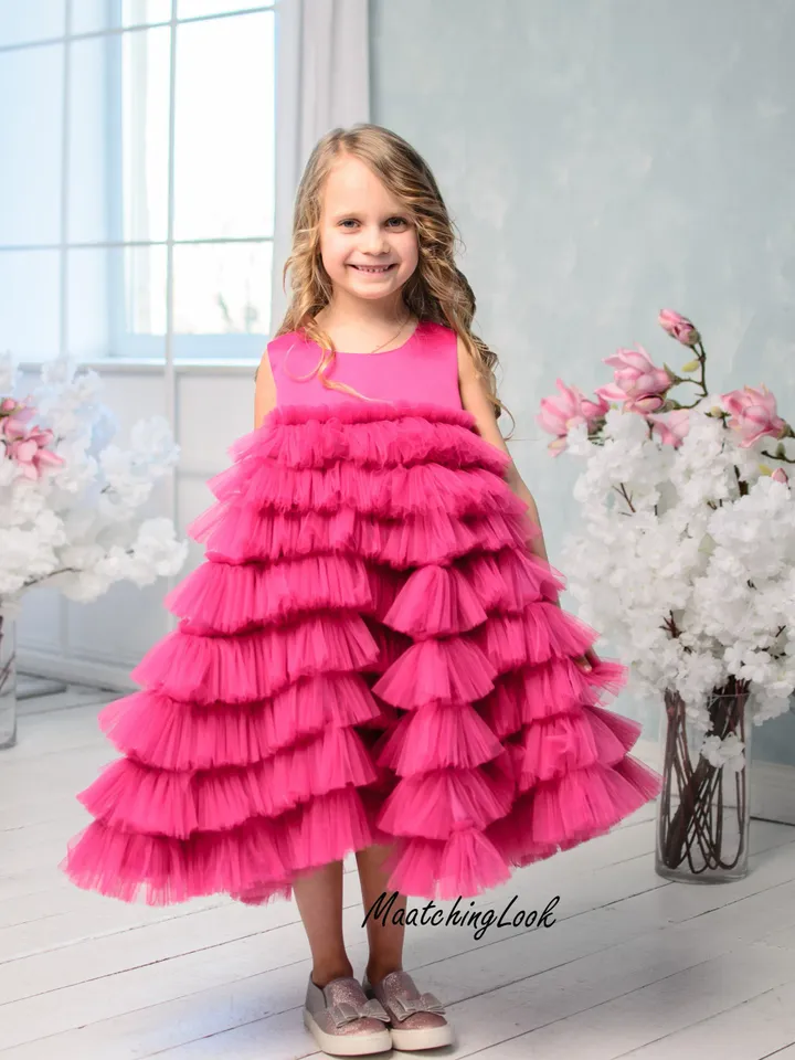 Flower Girl Dress, Hot Pink Dress, Girl Pageant Dress, Ruffle Tulle Dress, Tulle Layered Dress, Photoshoot Dress, Toddler Pageant Dress
