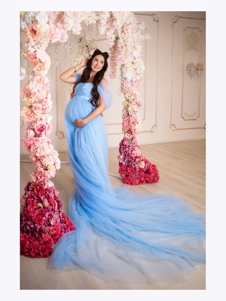 Sky Blue Maternity Dress With Train, Ready To Ship, Baby Shower Tulle Dress, Infinity Dress For Photoshoot, Pregnancy Tulle Dress, Floor