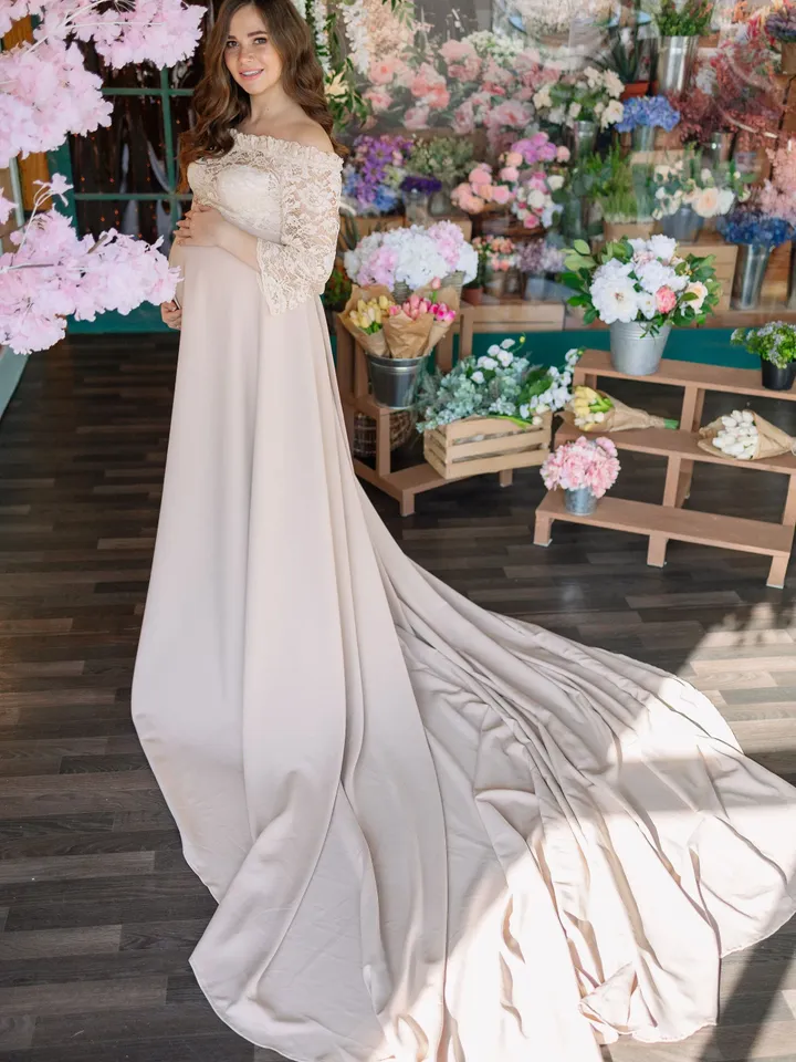 Beige Maternity Phooshoot Gown, Off the Shoulder Pregnancy Dress, Lace Maternity Dress, Maternity Photoshoot Dress, Baby Shower Dress