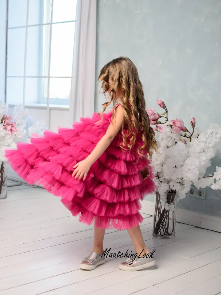 Flower Girl Dress, Hot Pink Dress, Girl Pageant Dress, Ruffle Tulle Dress, Tulle Layered Dress, Photoshoot Dress, Toddler Pageant Dress