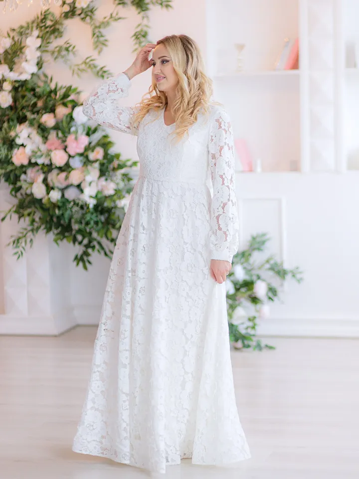 Off White Maxi Dress, Fall Wedding Lace Dress, A Line Dress, Long Sleeves Dress, Boho Wedding Dress, Floral Lace Dress, Minimalist Dress