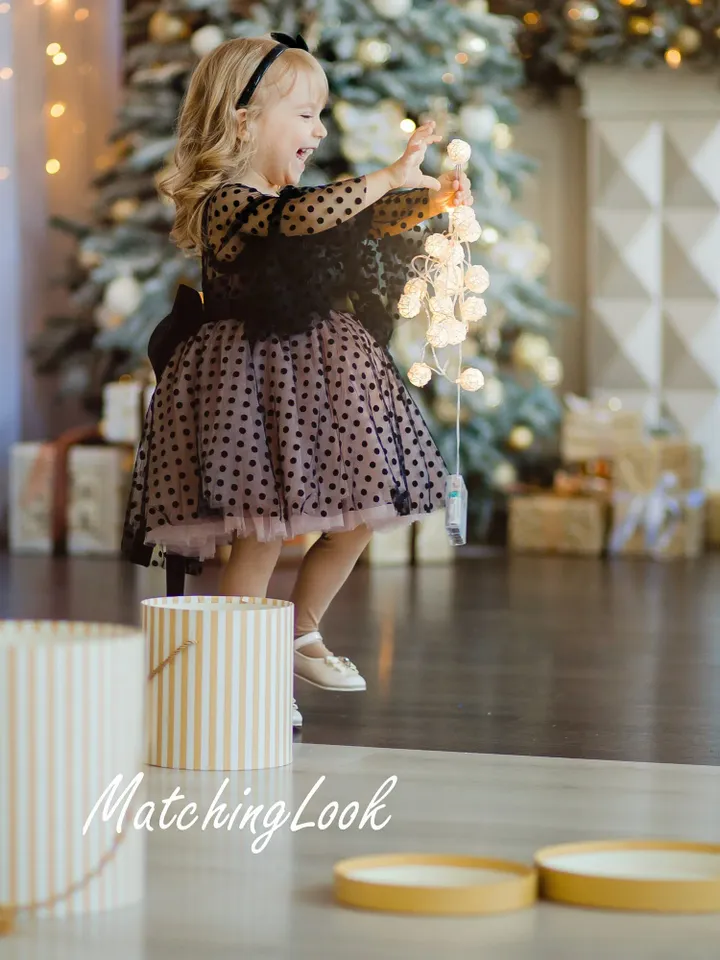 Black Flower Girl Dress, Toddler Party Gown, Formal Dress, Christmas Dress Girl, Black Polka Dot Dress, Princess Dress, 1st Birthday Dress