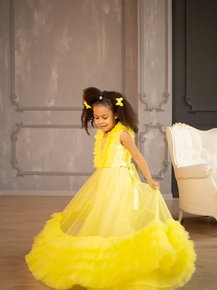 Yellow Girl Party Dress, Tutu Dress, Frilled Skirt, A Line Dress, Tulle Toddler Dress, Formal Dress,Birthday Dress,Toddler Photoshoot Dress