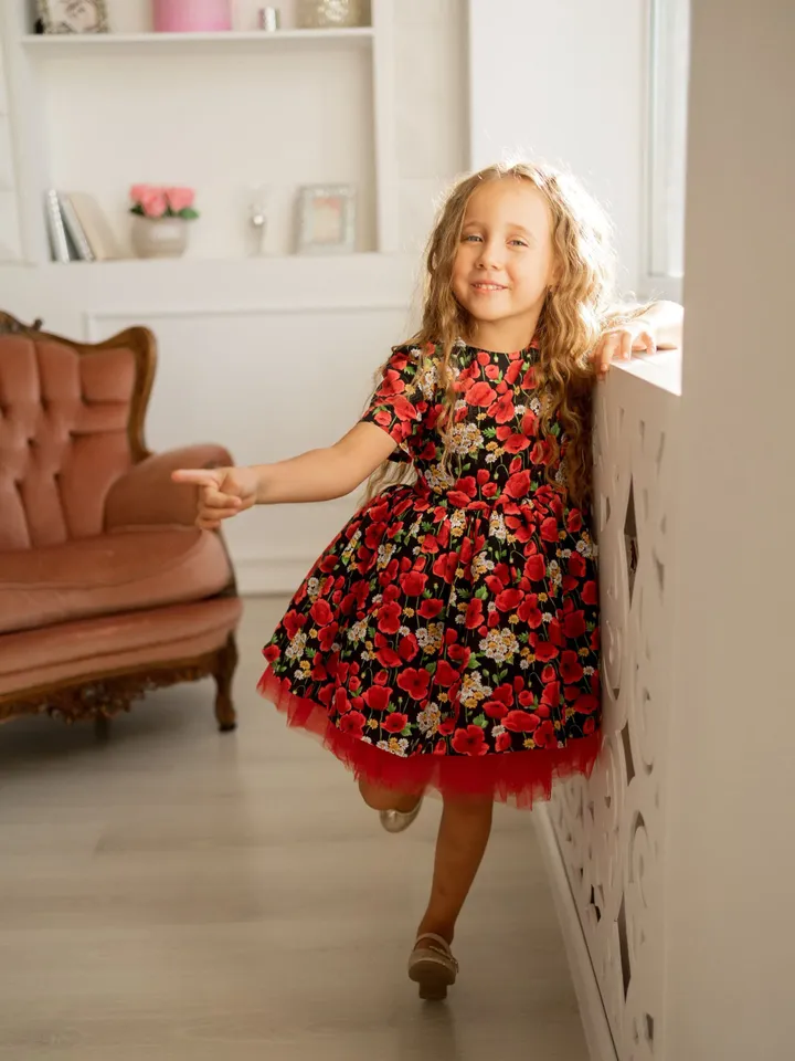Holiday Red Dress, Poppy Flower Dress, Girl Birthday Dress, Red Photoshoot Dress, Floral Tutu Dress, Flower Girl Dress, Girl Formal Dress