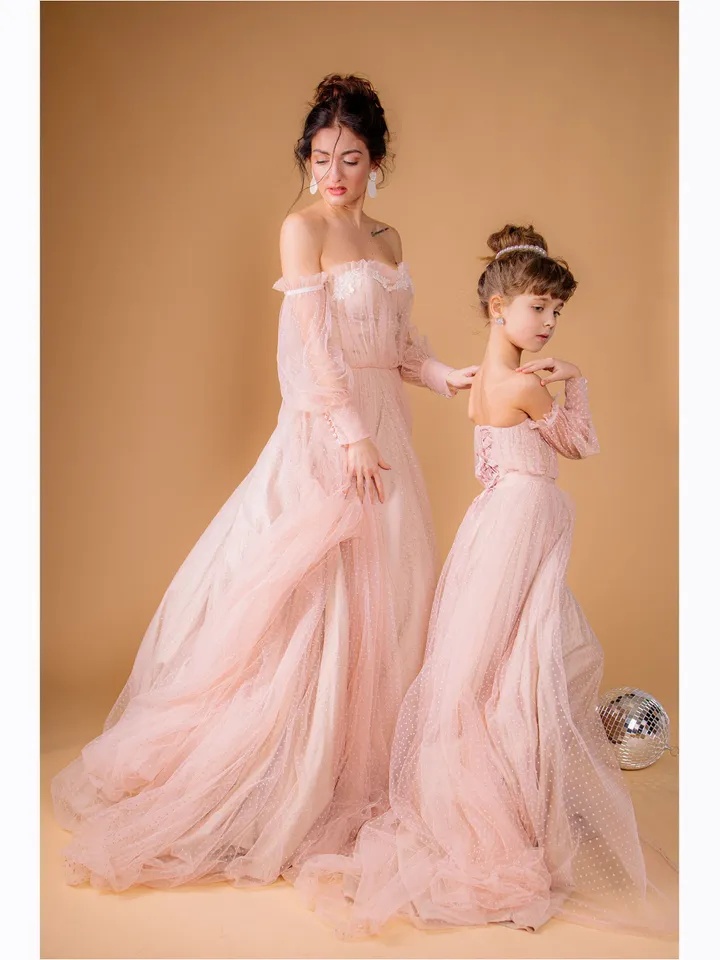 Pink Wedding Dress, Blush Tulle Gown, Polka Dot Elegant Dress