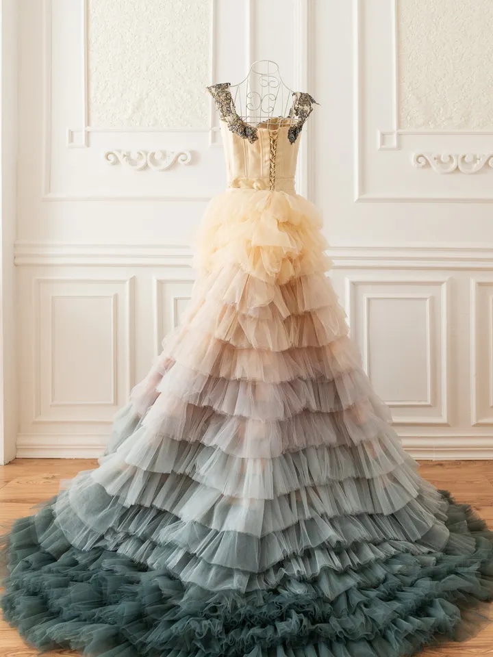 Ombre Wedding Dress, Colorful Wedding Dress, Couture Tulle Gown, Champagne Wedding Dress, Engagement Photoshoot Dress, Boho Ruffle Dress