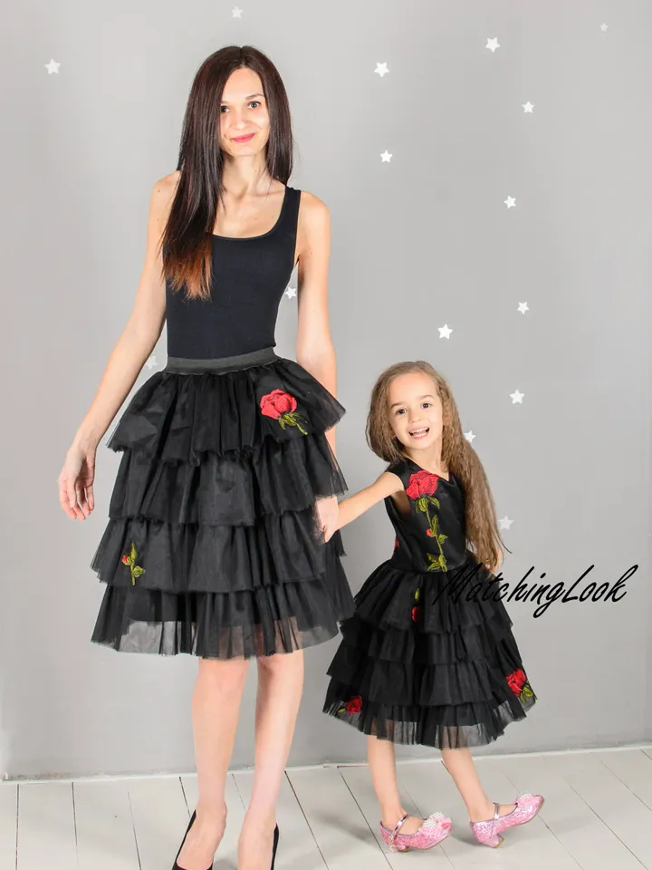 Mother Daughter Matching Dresses, Black Tutu Dresses, Mommy and Me New Year Outfit, Photoshoot Dress, Embroidered Formal Dress,Layered Dress