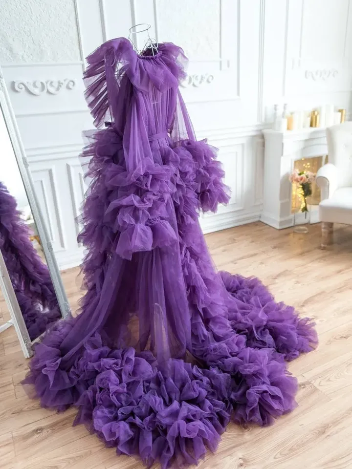 Boudoir Maternity Photoshoot Dress, Eggplant Robe Dress, Purple Maternity Fluffy Gown, Extra Long Tulle Ruffle Robe, Pregnancy Puffy Gown