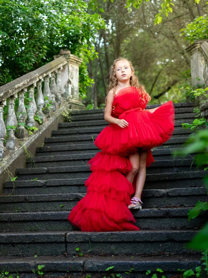 5-7 Years Red Girl Dress, Princess Dress, Tiered Tulle Dress, Short Tutu Dress, Little Girl Dress, Special Occasion, High Low Dress