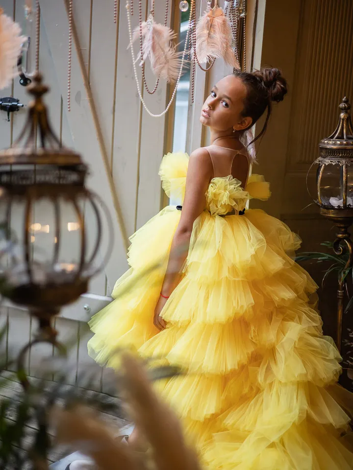Yellow Ruffle Girl Dress, High Low Dress, Tulle Tutu Dress, Yellow Toddler Dress, Long Tiered Dress, Special Occasion Dress, Princess Dress
