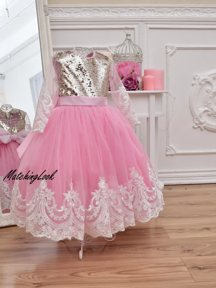 Gold and Pink First Birthday Outfit for Baby Girl, Flower Girl Lace Dress, Lace Birthday Dress, Tutu Dress for Girl, Sequin Birthday Dress