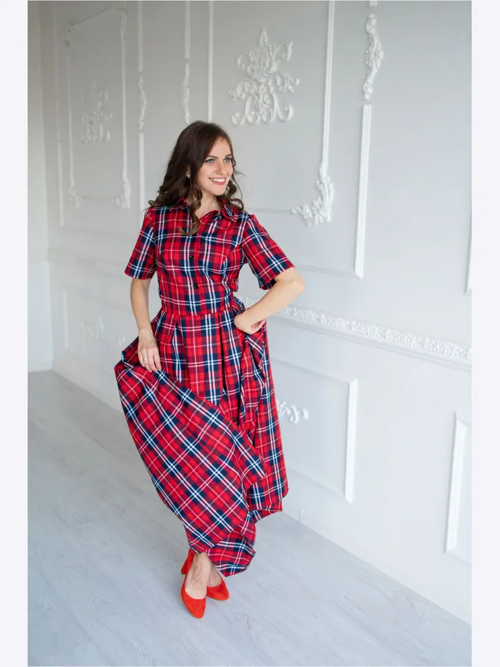 Red Tartan Dress, Maxi Plaid Dress, Christmas Dress Women, Red Shirt Dress, Holiday Outfit, Photoshoot Dress, Short Sleeve Winter Dress