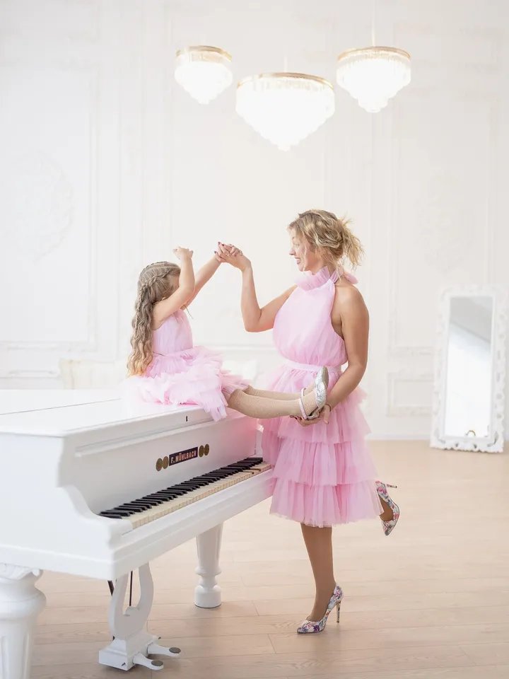 Pink Mommy And Me Dresses, Tulle Matching Gowns, Halter Tiered Dresses, Birthday Party Dresses, Summer Photoshoot Dress, Women Sundress