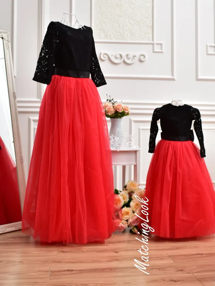 Red Black Dress, Mother Daughter Matching Dress, Mommy and Me Christmas Outfit, Formal Gown Dress, Holiday Photoshoot, Red Toddler Dress