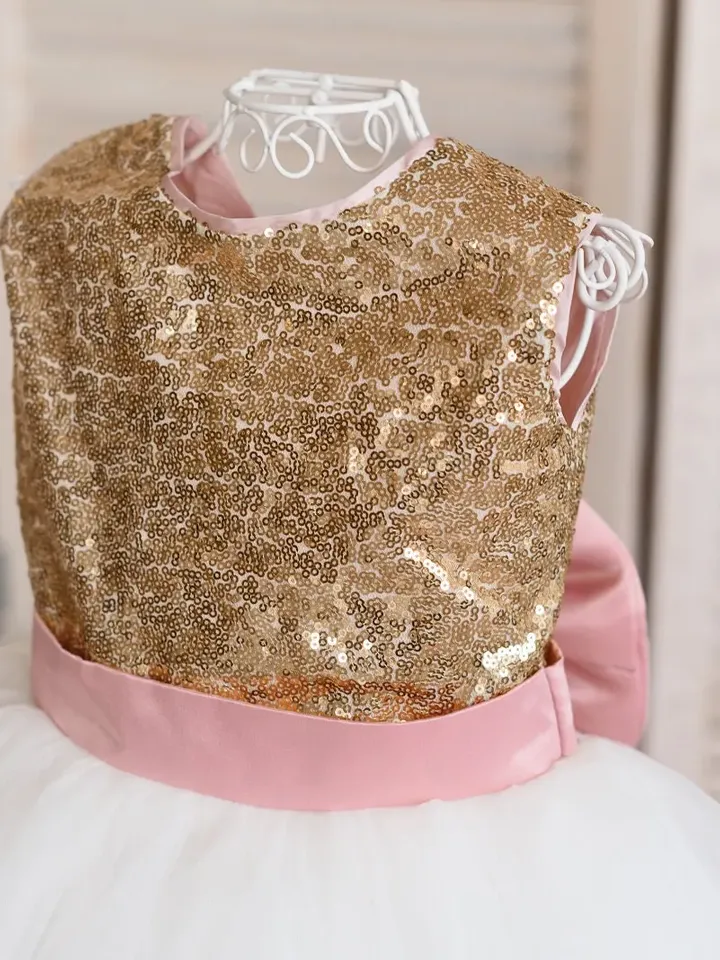 Flower Girl Sequin Tutu Dress with Bow, Gold and Ivory Dress for Flower Girl, Girl Birthday Gold Sequin Outfit, Birthday Dress for Baby Girl