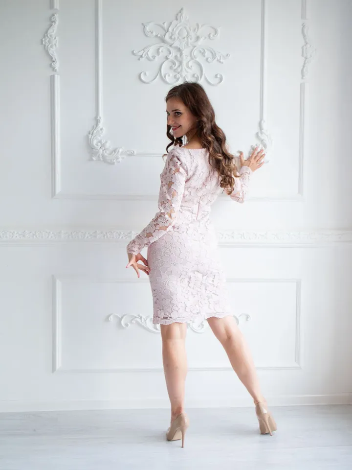 Blush Lace Dress, Pencil Dress, Long Sleeve Dress, Plus Size Clothing, Holiday Dress, Women Knee Dress, Cocktail Dress, Romantic Dress