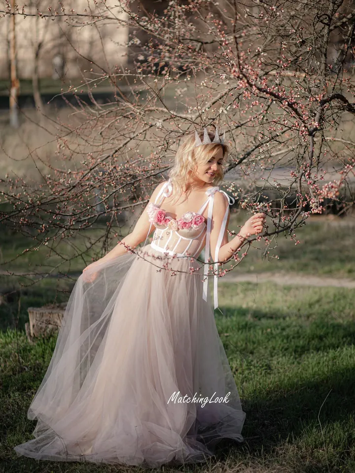 Corset Wedding Dress in Bohemian Style, Sexy Sheer Tulle Wedding Dress, Elegant Sheer Dress Gown