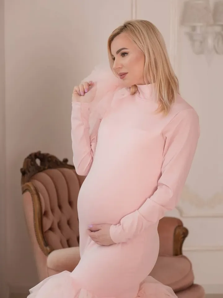 Pregnancy Gown For Photoshoot, Blush Ruffle Dress, Maternity Dress, Mermaid Maternity Gown, Designer Dress ,Baby Shower Dress, Long Sleeve