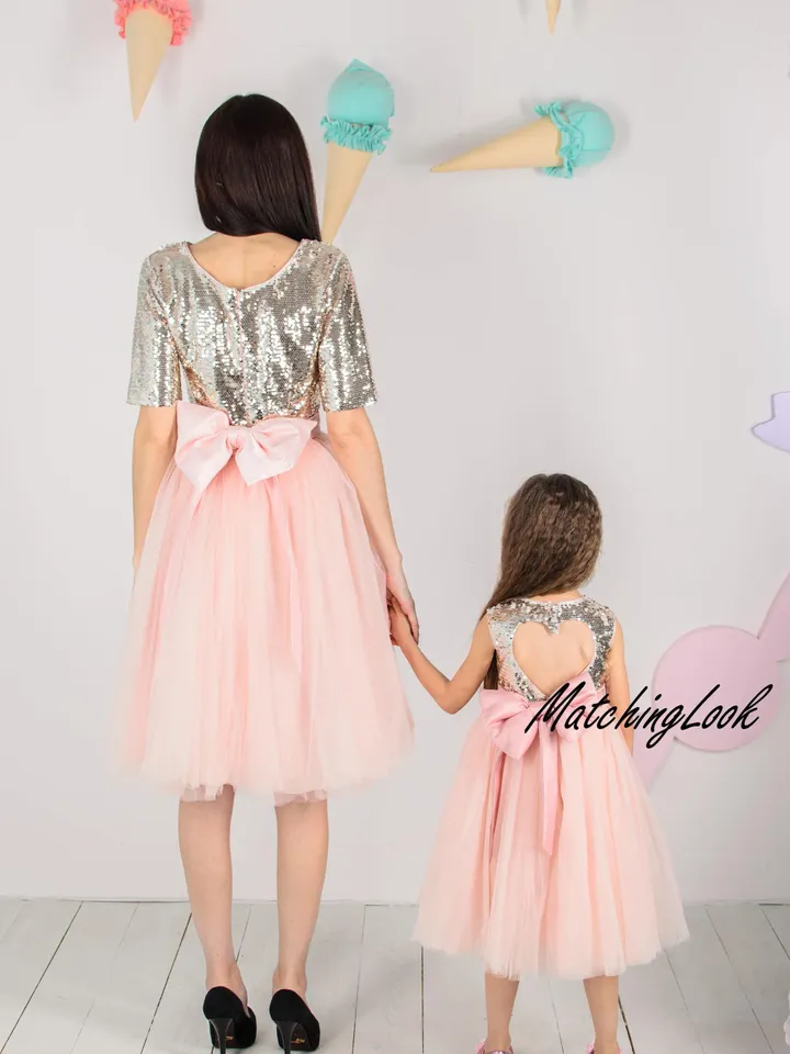 Mother Daughter Matching New Year Dress, Gold Sequin Dress, Mommy And Me Outfit, Pink Girl Party Dress, Baby Tutu Dress, Toddler Gown