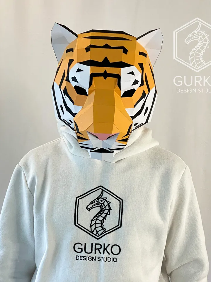 Tiger Mask Papercraft, Cat, Digital Template, PDF Download, Gurko, 3D Low Poly Animal Mask, DIY Origami, Pepakura, Paper Mask, DIY Costume