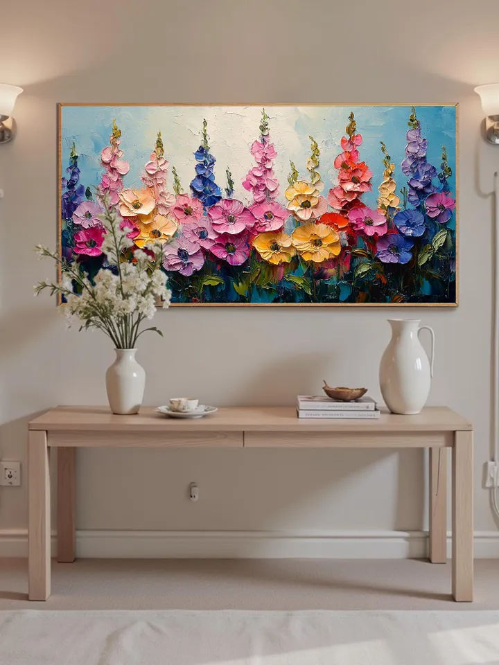 Large Impasto Floral Landscape Painting, Colorful Wildflower Field Artwork, Textured 3D Original Art, Vibrant Wall Art Decor, Garden Scene