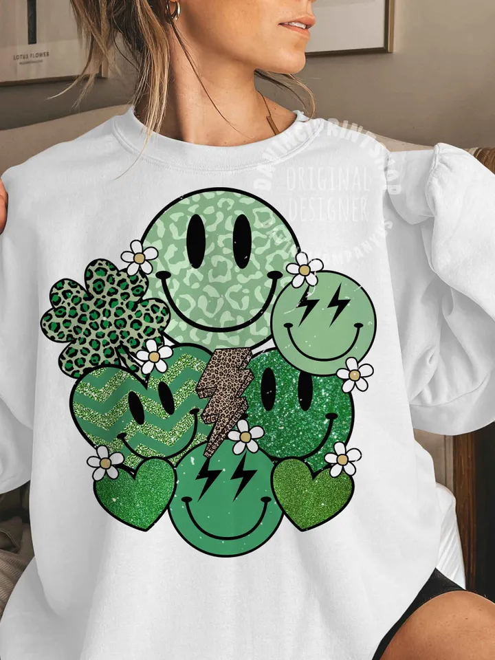 St Patty’s Day Green Smile Png, St Patricks Day Love Smile Clover Hearts Retro Groovy, St patricks day png, Retro st patricks day png, png