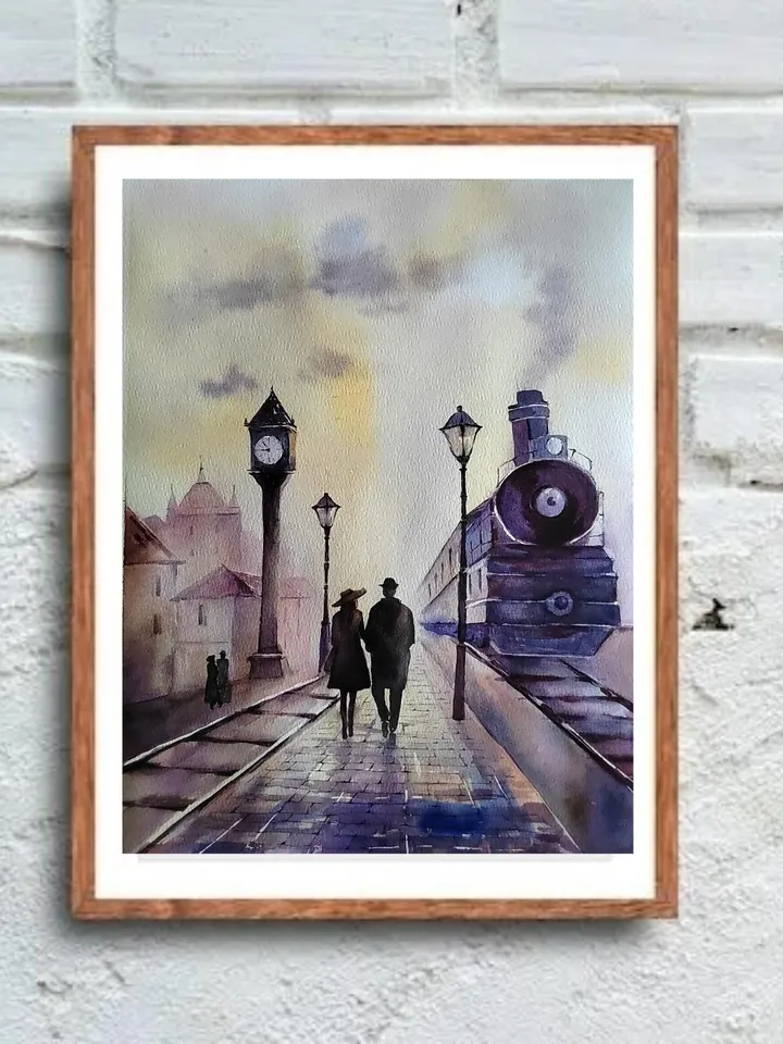 Railway Station Artwork Original Watercolor Painting Vintage Train Art 10.63x14.57 in by Art Café