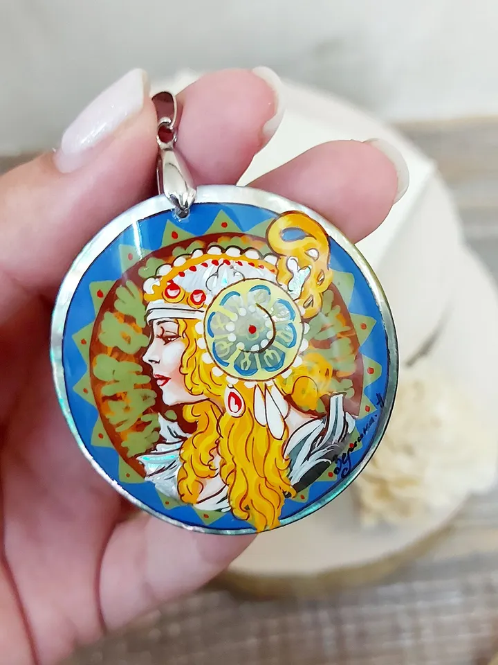 Pearl pendant necklace: The Blonde by Alphonse Mucha on dainty necklace. Charming art hand painted on shell pendant. Cute gift for friend.