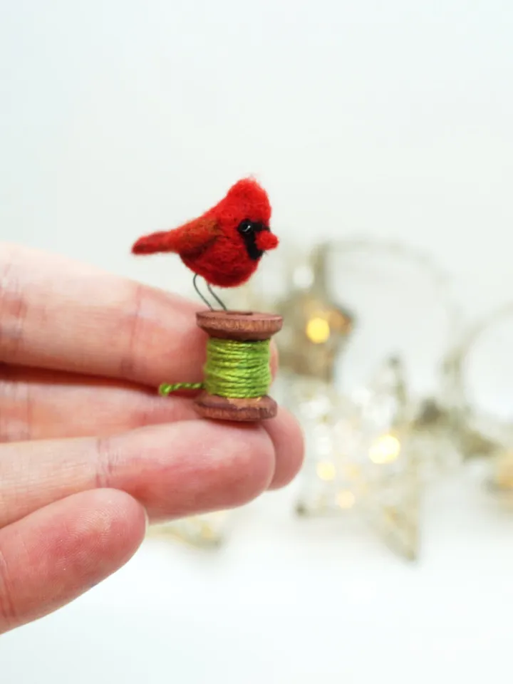 Tiny needle felted cardinal on a bobbin, miniature bird, Christmas gift, made to order
