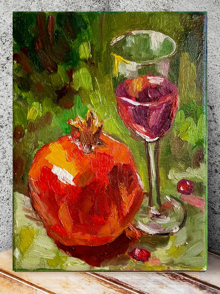 Pomegranate fruit painting Original, Wine Glass Still Life Painting, Small modern art 8" x 6"