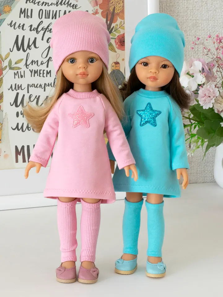Pink and blue set clothes for Paola Reina doll, Siblies doll, Corolle, cute outfit for 13" doll, dress, hat and leggings