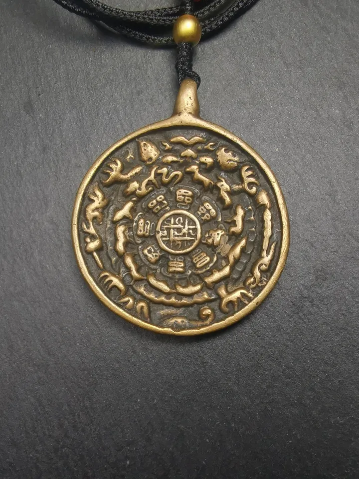 Gandhanra Vintage Tibetan Buddhist Calendar Amulet Sipaho Badge - Lima Brass Melong Mirror Protective Charm Feng Shui Pendant,43mm