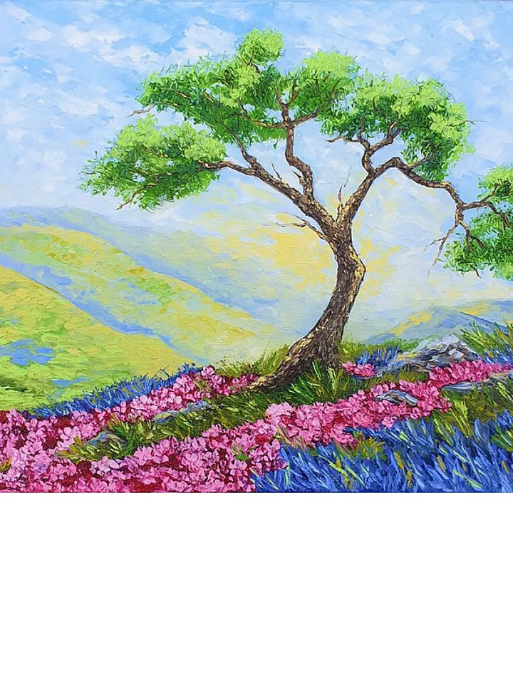 Cypress Tree Painting Lavender Original Art Landscape Artwork Oil Painting