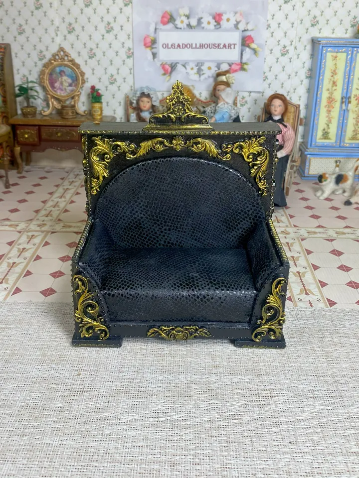 Vintage style doll sofa with gold trim. Black sofa. 1:12. Dollhouse miniature. Rare sofa for dolls. Handmade.