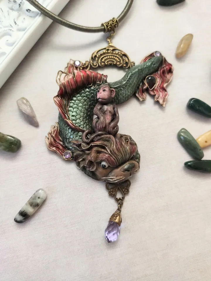 Art Nouveau Necklace Monkey on a Dolphin based on an engraving by Gustav Dore