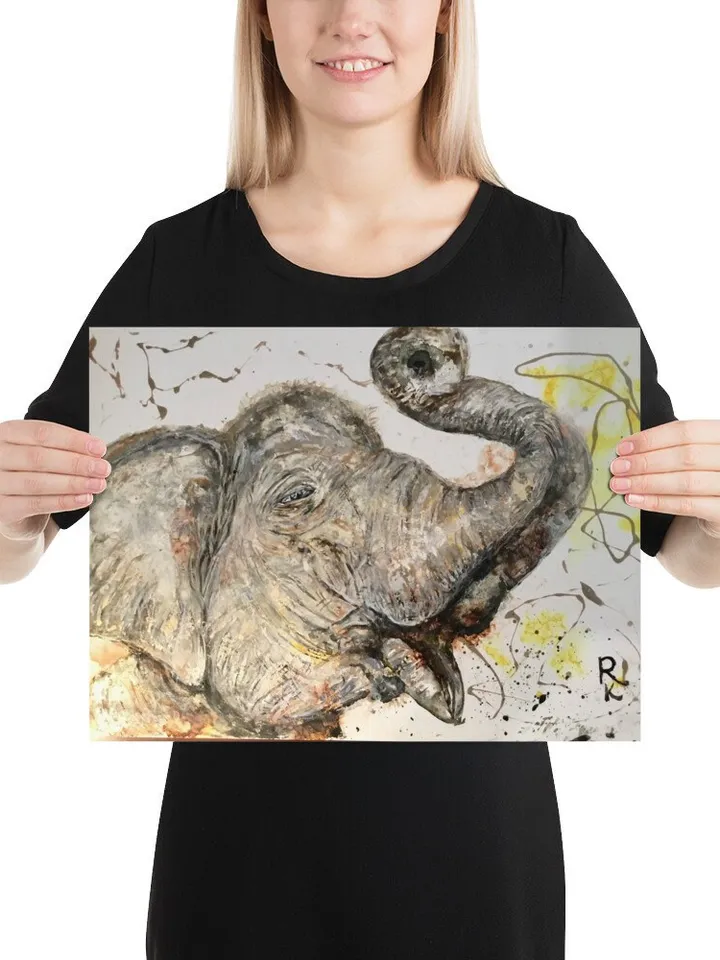 White Elephant Poster made with my original watercolour mix media painting on yupo paper,unique handmade artwork,home decoration.