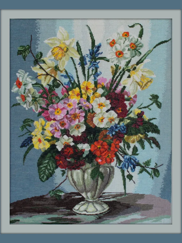 Still Life Floral Wall Art Decor, Finished Cross Stitch, Flower Vase Embroidery Art Print, Botanical Wall Art