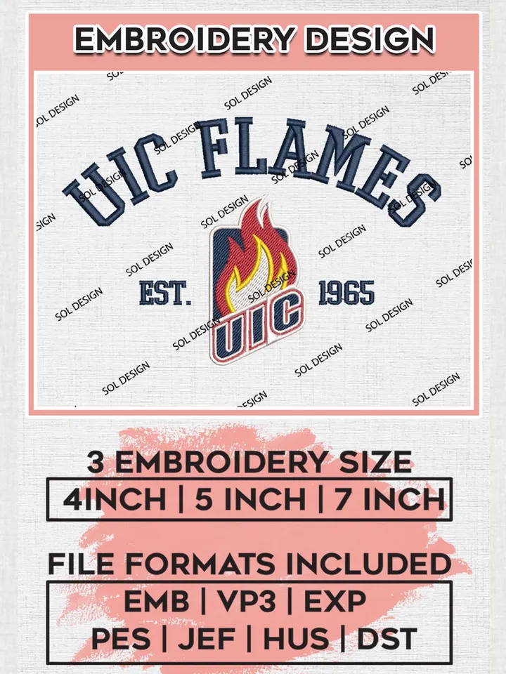 NCAA UIC Flames Est 1965 Logo Embroidery Designs, NCAA UIC Flames Team Embroidery, NCAA Team Logo, 3 sizes, Machine embroidery Files, Digital Download