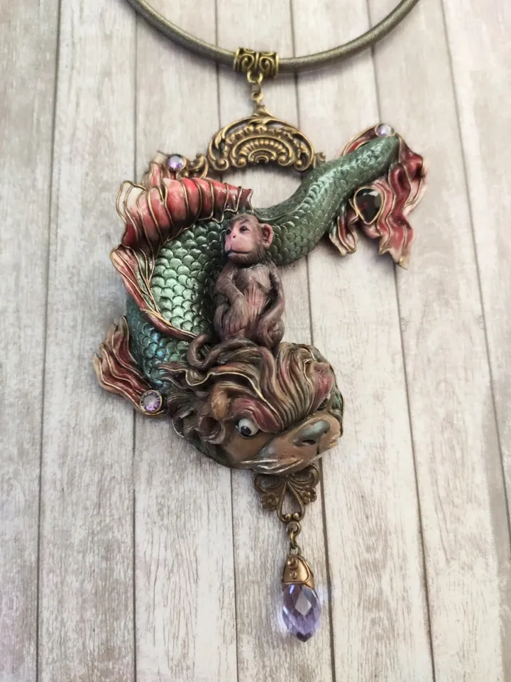Art Nouveau Necklace Monkey on a Dolphin based on an engraving by Gustav Dore