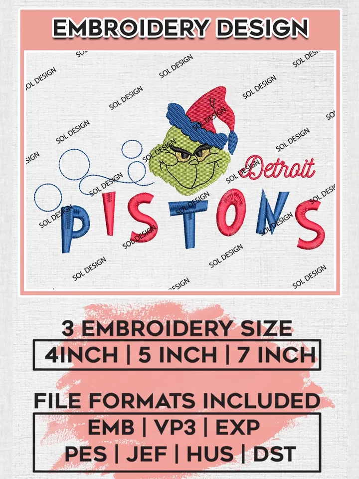Grinch Detroit Pistons Embroidery Designs, Grinch Christmas Embroidery Files, NBA Detroit Pistons Machine Embroidery Designs, NBA Pistons Logo, NBA Christmas Machine Embroidery Design, Digital Download