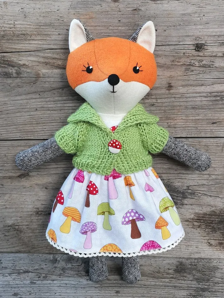 Orange fox girl, wool plush doll, handmade fabric fox toy