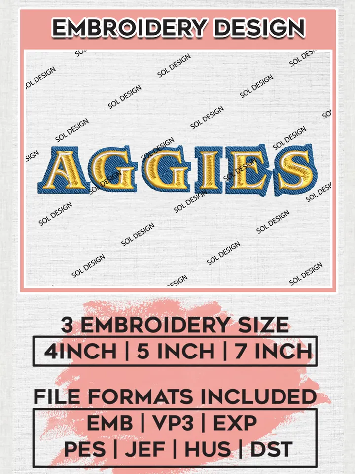 NCAA Aggies College Football Team Wordmark Logo Embroidery Design Files, NCAA North Carolina A&T Aggies Machine Embroidery, NCAA Teams, Game Day, 3 sizes, NCAA Machine embroidery designs, Digital Download