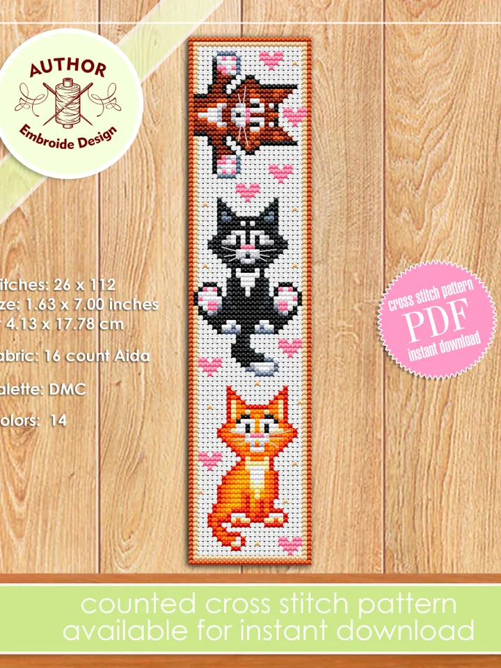 Bookmark set Cat cross stitch pattern download PDF Cat bookmark cross stitch chart, Handmade bookmark pattern digital PDF Cat in space #B233