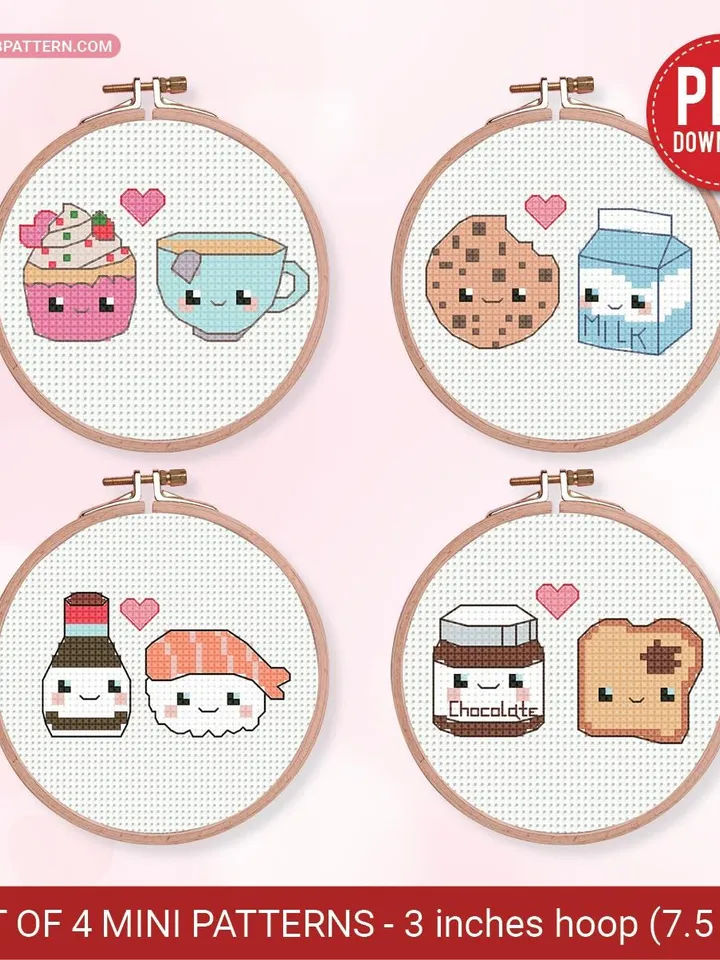 Bundle 4 Mini Couples Love Cross stitch patterns, Valentine's Day, beginner, Cupcake, Cookie, Sushi, Chocolate, DIY, embroidery, instant PDF