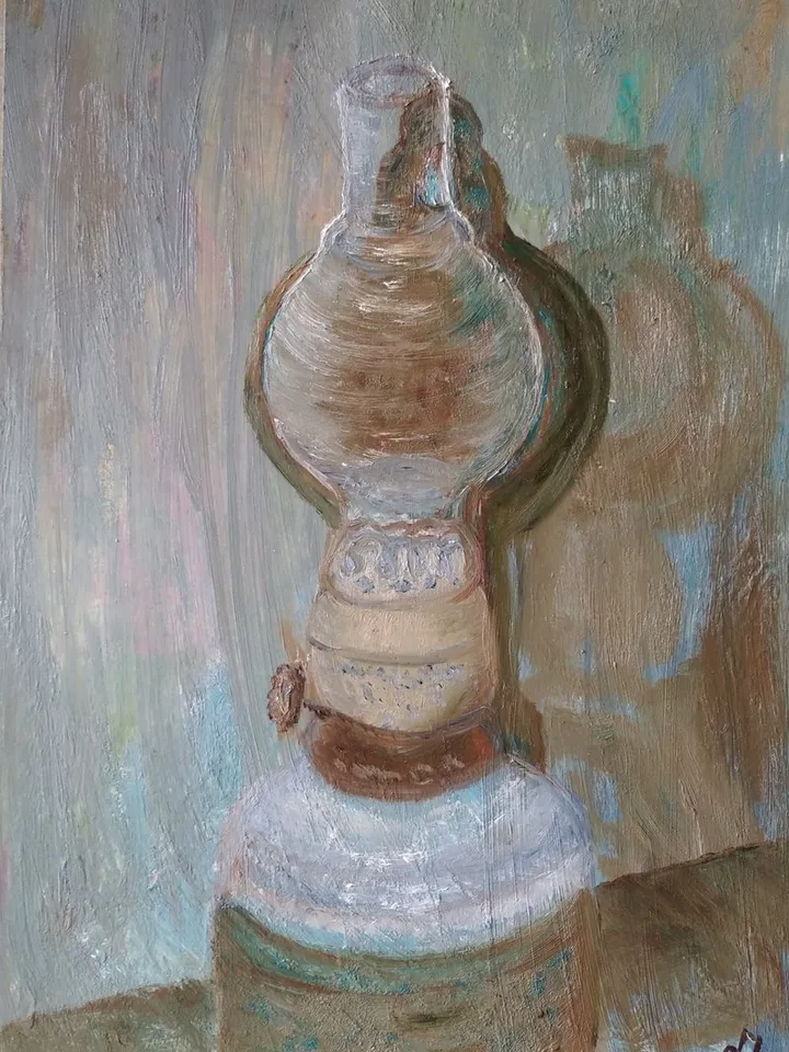 Still Life Oil Painting with Kerosene Lamp Vintage Wall Art 12x8 Inch Paper