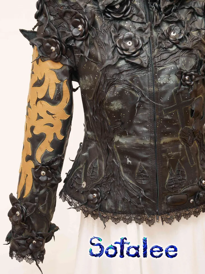 The luxury 3D floral women's Jacket of black genuine leather with beige application,Handmade aristocratic style clothing